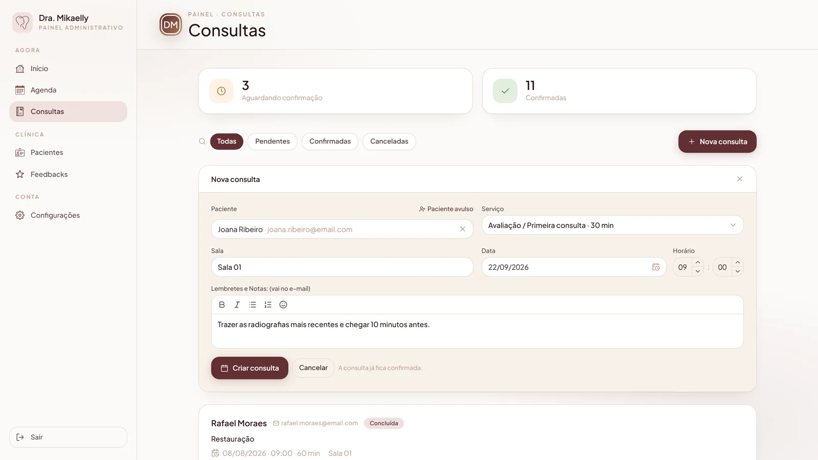 Screen for manually creating a new appointment from the panel