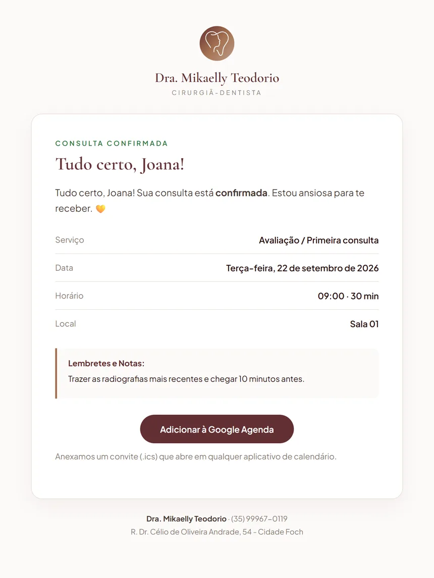 Appointment confirmation email in the practice's visual identity
