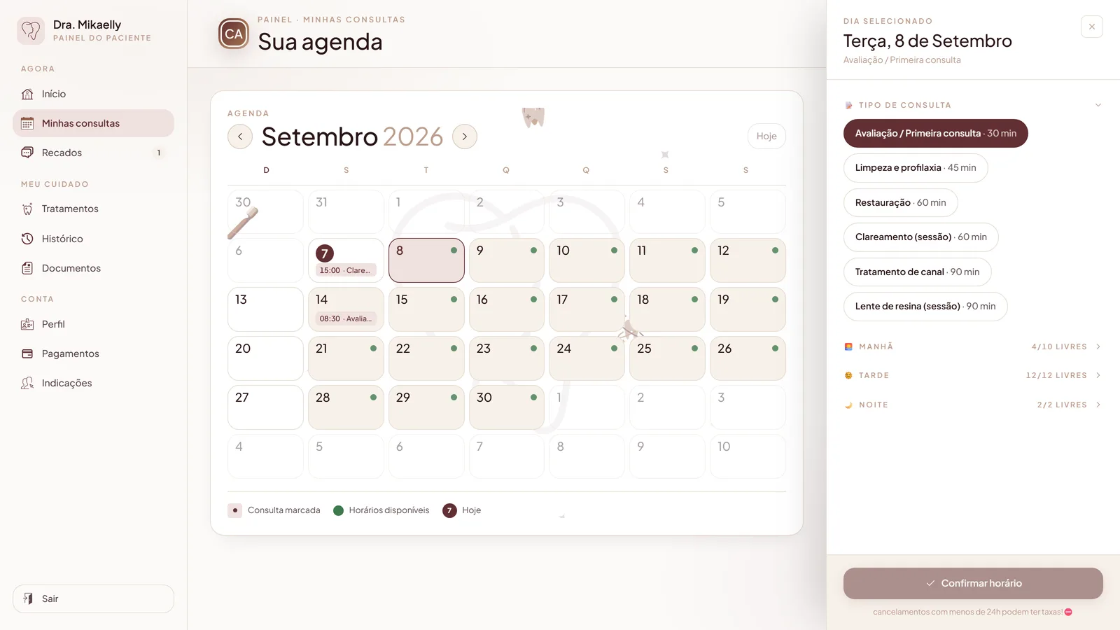 Booking screen with a monthly calendar and open slots