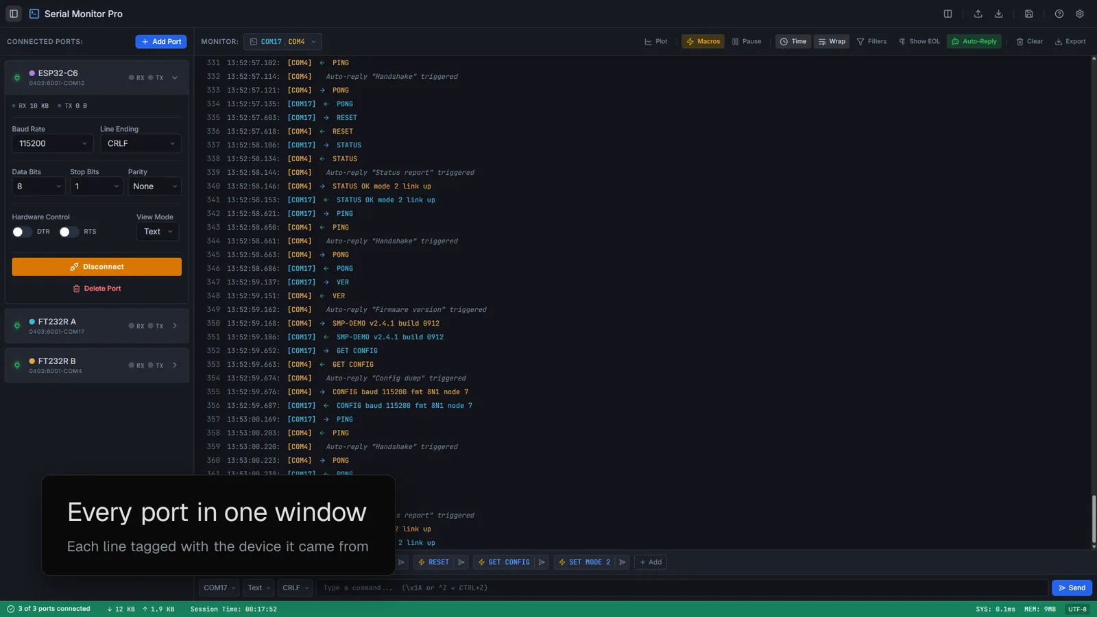 Serial Monitor Pro showing three serial ports monitored at once